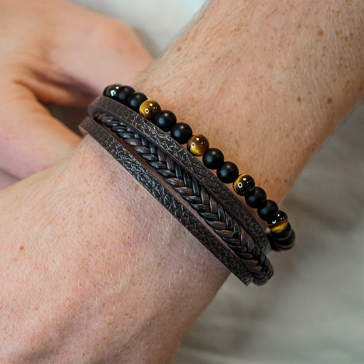 Bracelet "Power" Acier Simili Cuir - Pierres Naturelles 2 Bracelet "Power" Acier Simili Cuir - Pierres Naturelles – Image 2