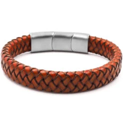 Bracelet "Solar" Acier - Simili Cuir Tressé Orange