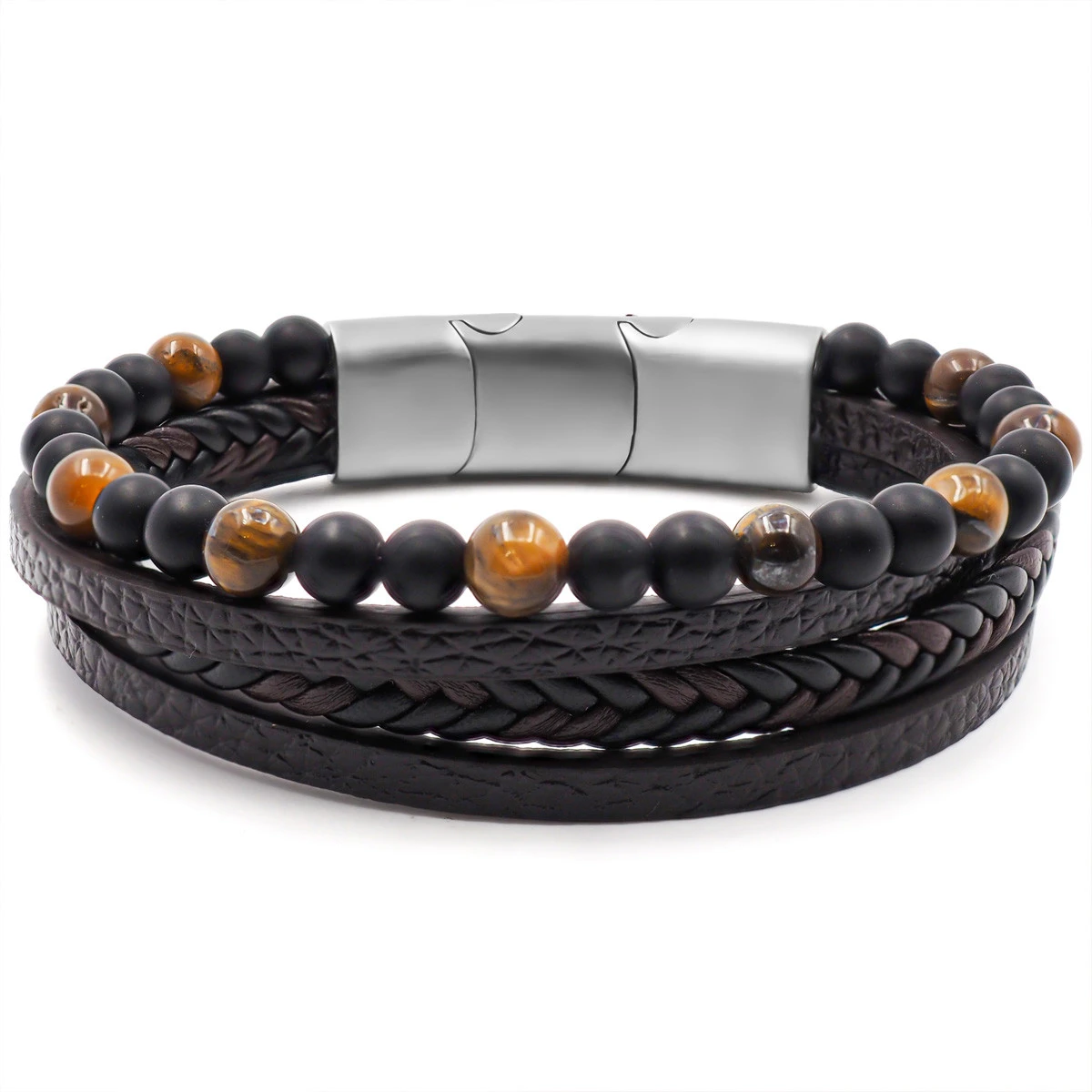 Bracelet "Power" Acier Simili Cuir - Pierres Naturelles 1 Bracelet "Power" Acier Simili Cuir - Pierres Naturelles