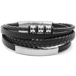 Bracelet "Steel" Acier Simili Cuir 3 Rangs + Plaque Acier