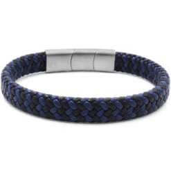 Bracelet "Wave" Acier Simili Cuir Tressé - Noir Et Bleu